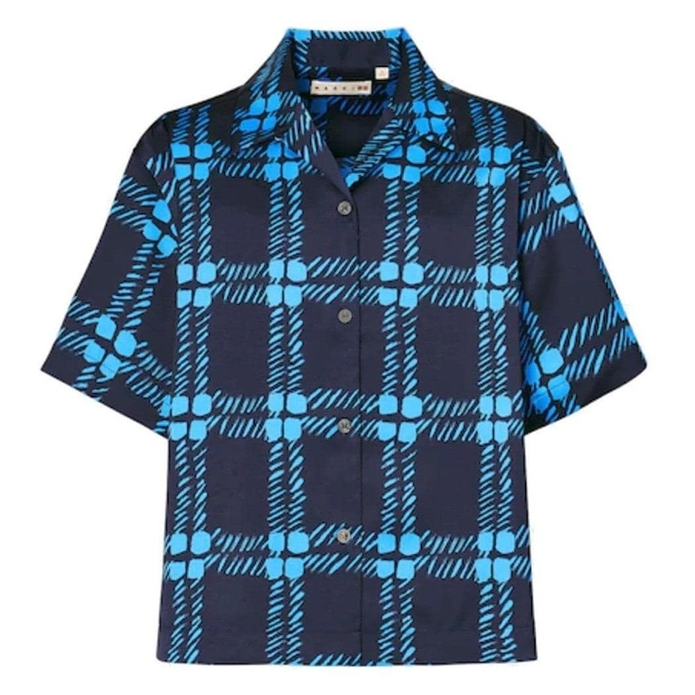Marni Uniqlo Camp Collar Short Sleeve Shirt Men S Blue Plaid Checkered Boxy Fit